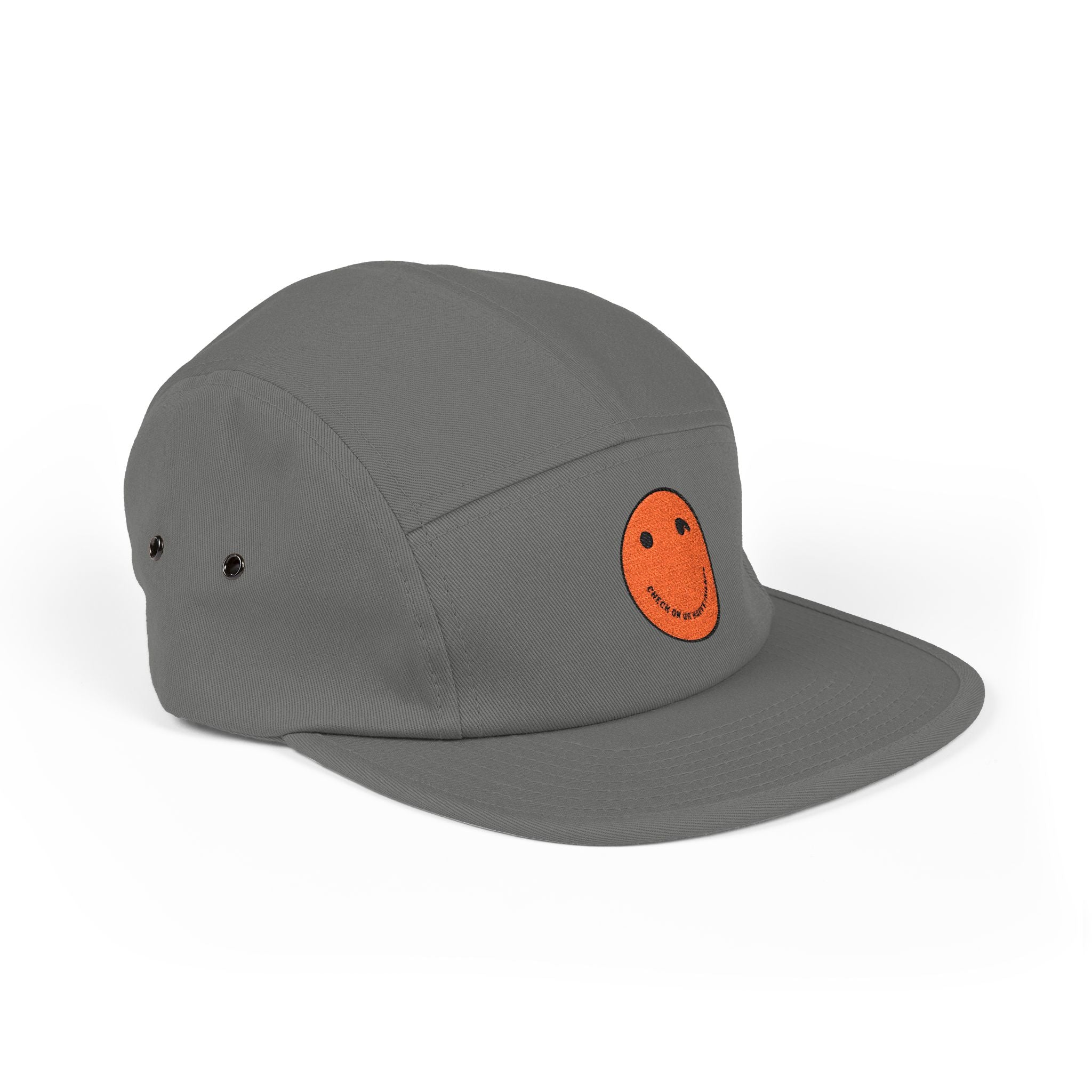 Olive 5-Panel Cap with Embroidered Orange Smiley — Casual Streetwear Dad Hat
