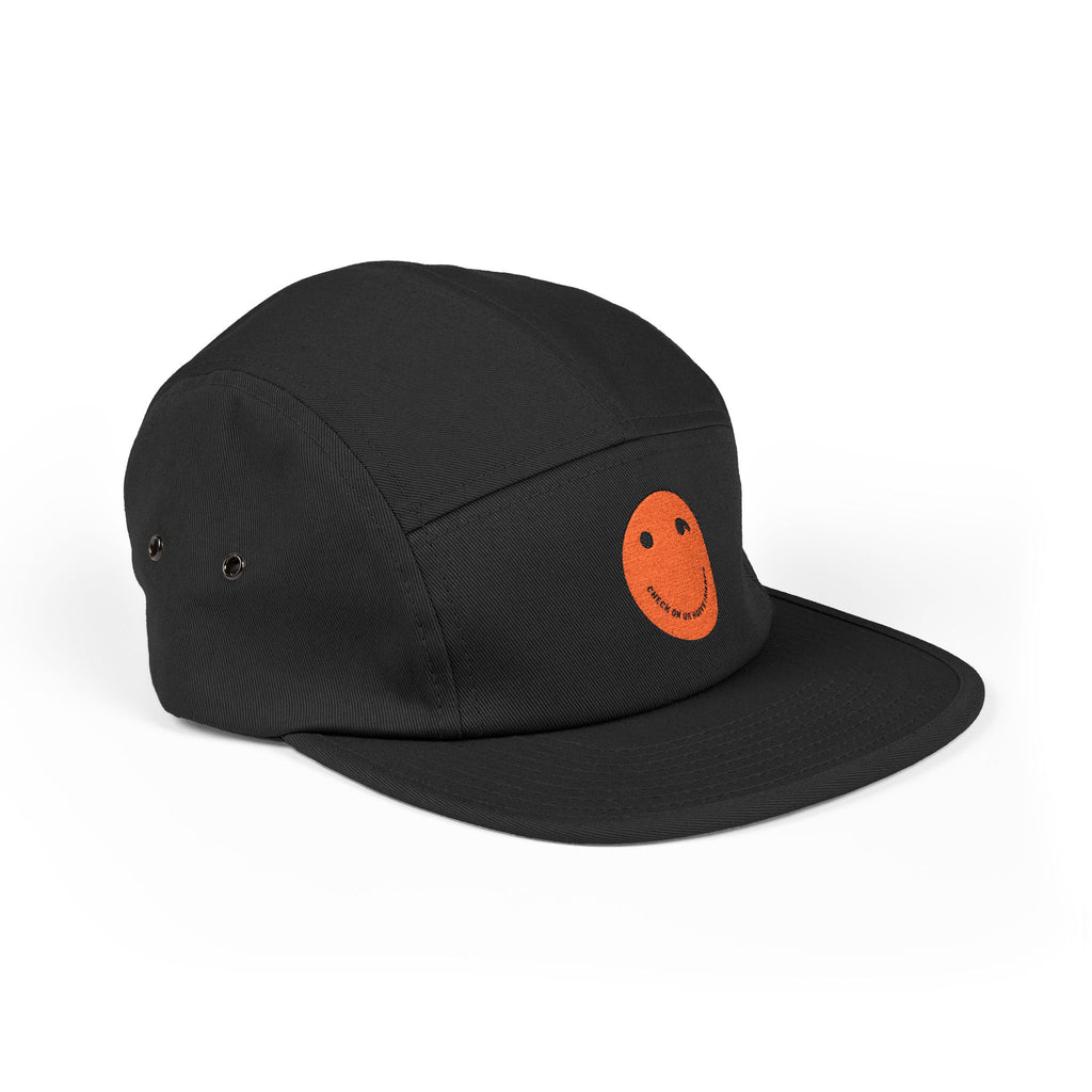 Olive 5-Panel Cap with Embroidered Orange Smiley — Casual Streetwear Dad Hat
