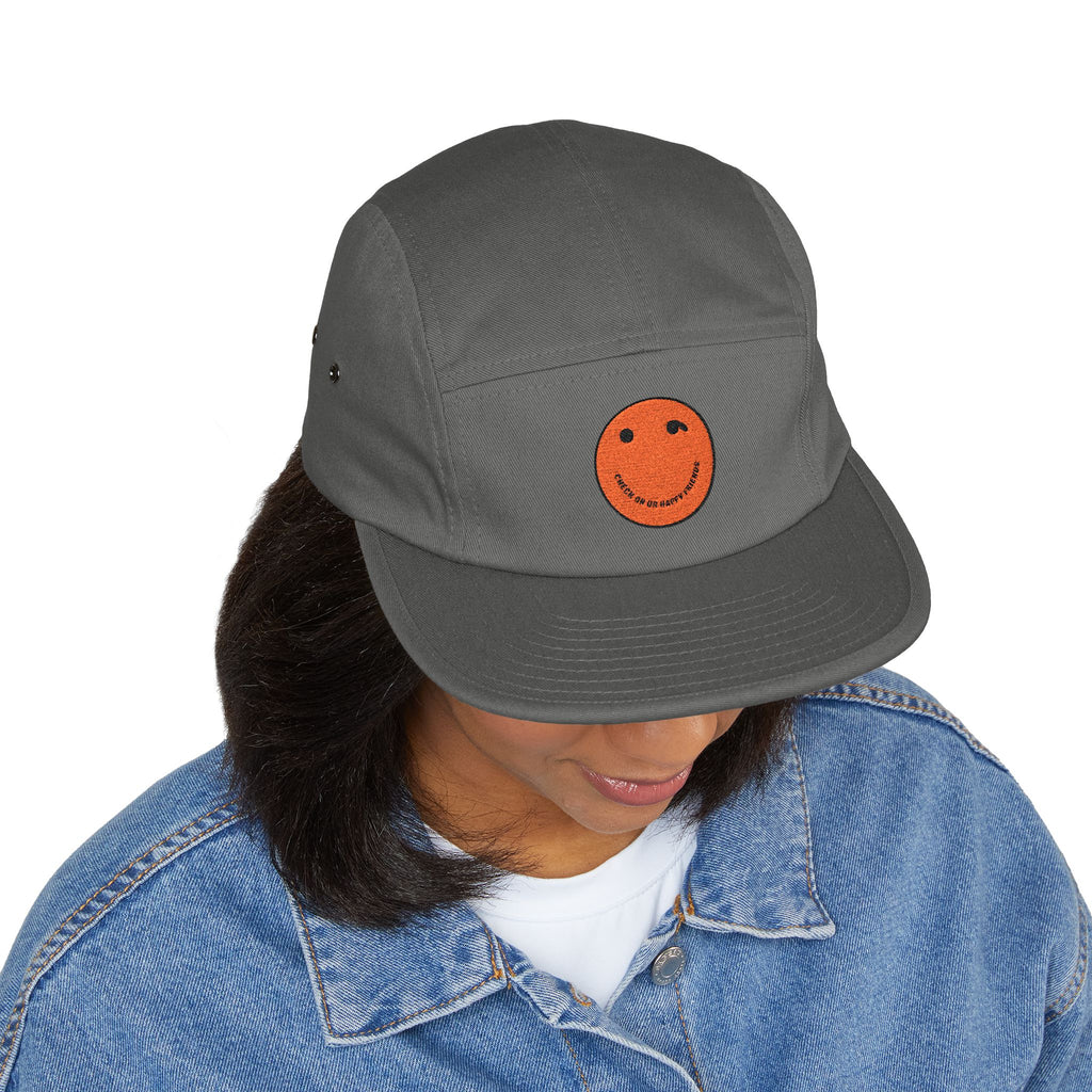 Olive 5-Panel Cap with Embroidered Orange Smiley — Casual Streetwear Dad Hat