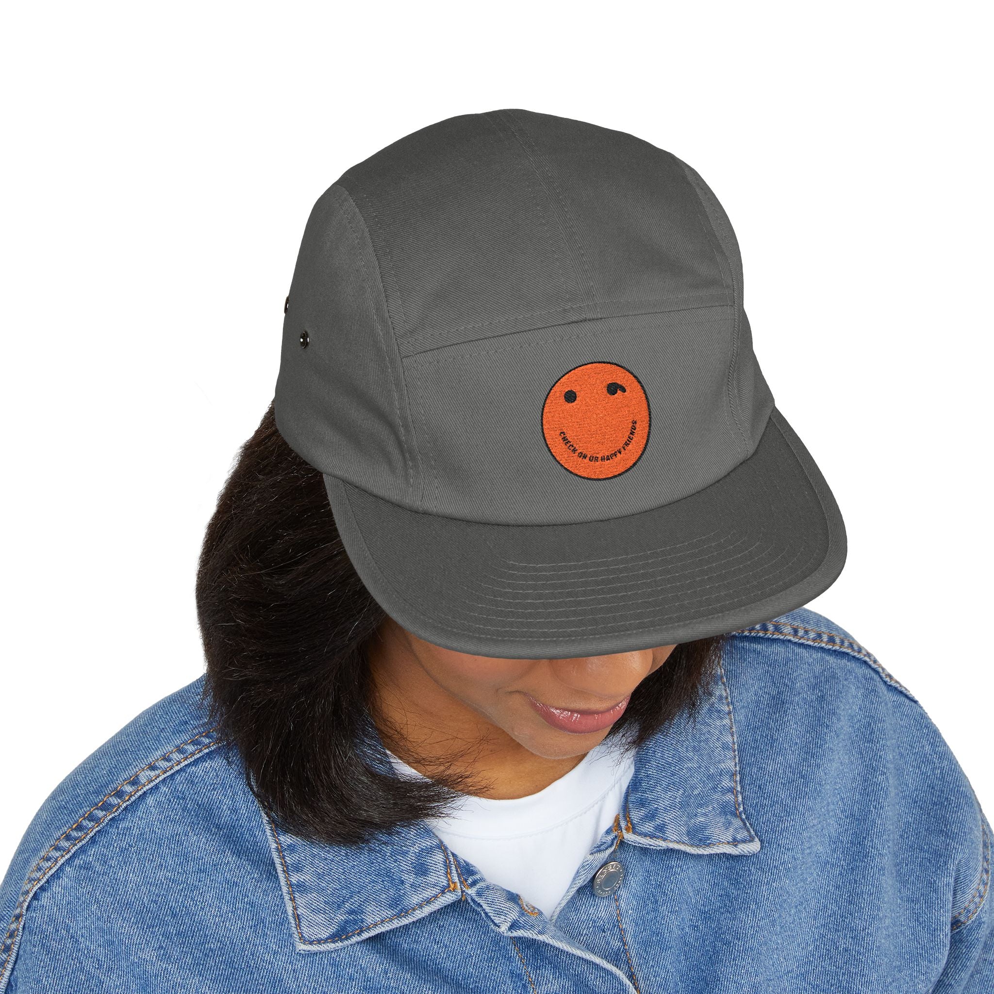 Olive 5-Panel Cap with Embroidered Orange Smiley — Casual Streetwear Dad Hat