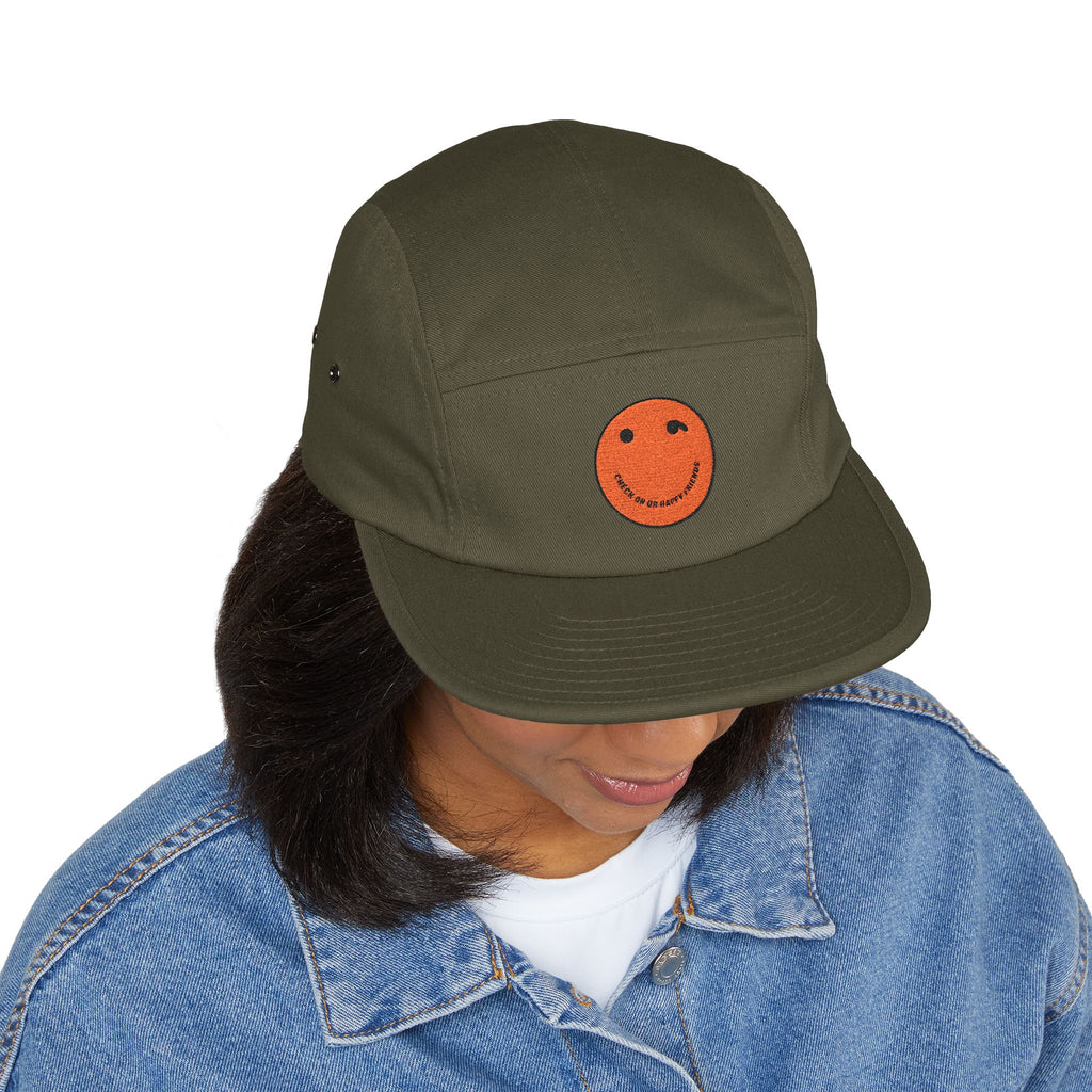 Olive 5-Panel Cap with Embroidered Orange Smiley — Casual Streetwear Dad Hat