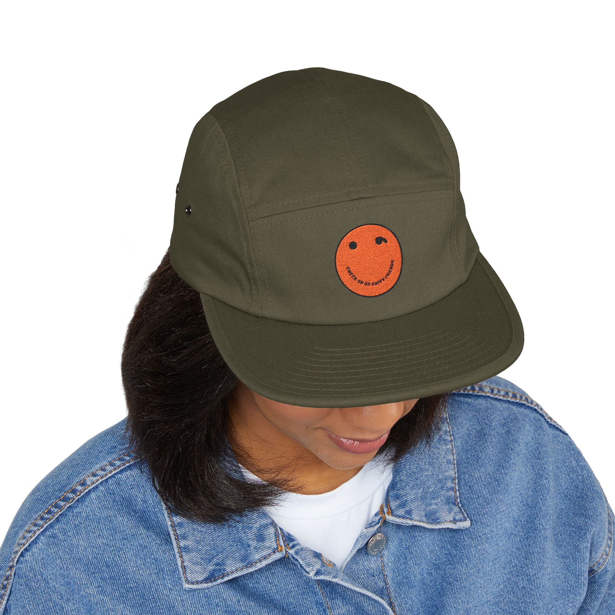 Olive 5-Panel Cap with Embroidered Orange Smiley — Casual Streetwear Dad Hat