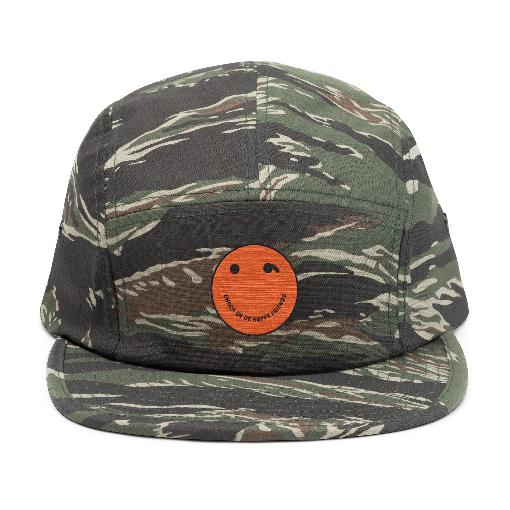 Olive 5-Panel Cap with Embroidered Orange Smiley — Casual Streetwear Dad Hat