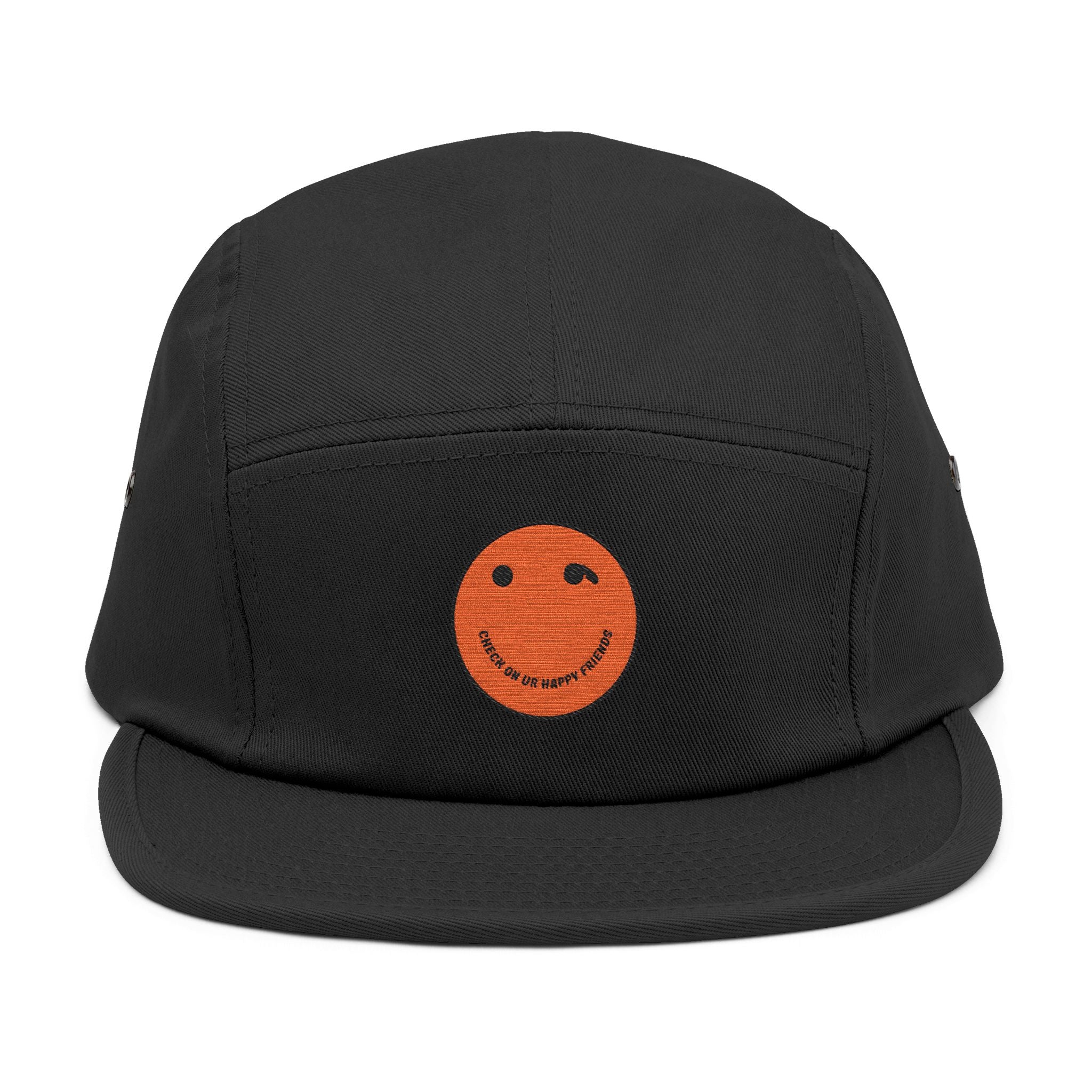 Olive 5-Panel Cap with Embroidered Orange Smiley — Casual Streetwear Dad Hat
