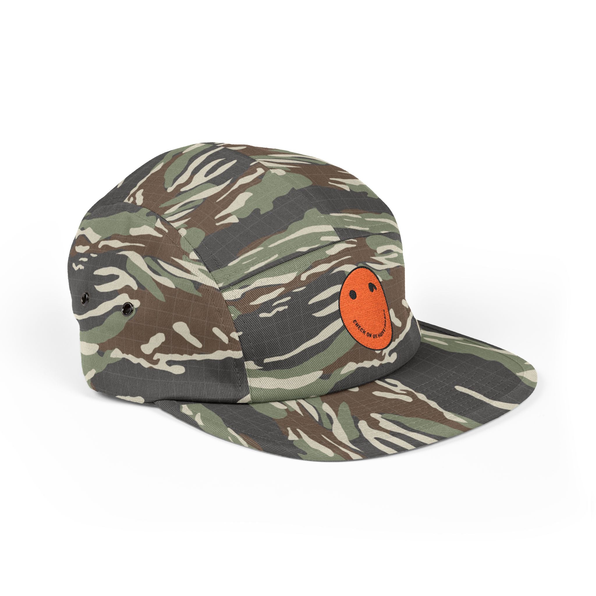 Olive 5-Panel Cap with Embroidered Orange Smiley — Casual Streetwear Dad Hat