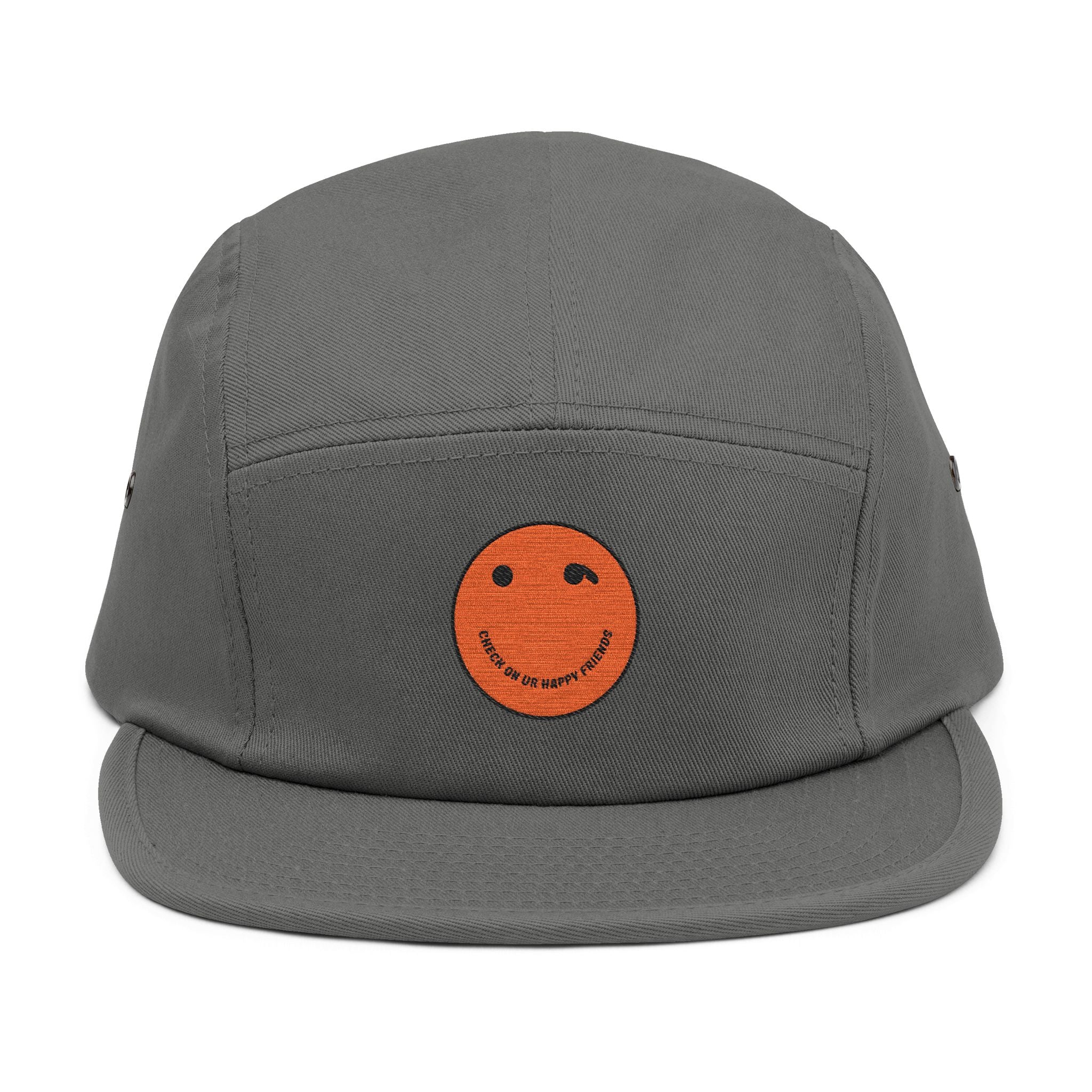 Olive 5-Panel Cap with Embroidered Orange Smiley — Casual Streetwear Dad Hat