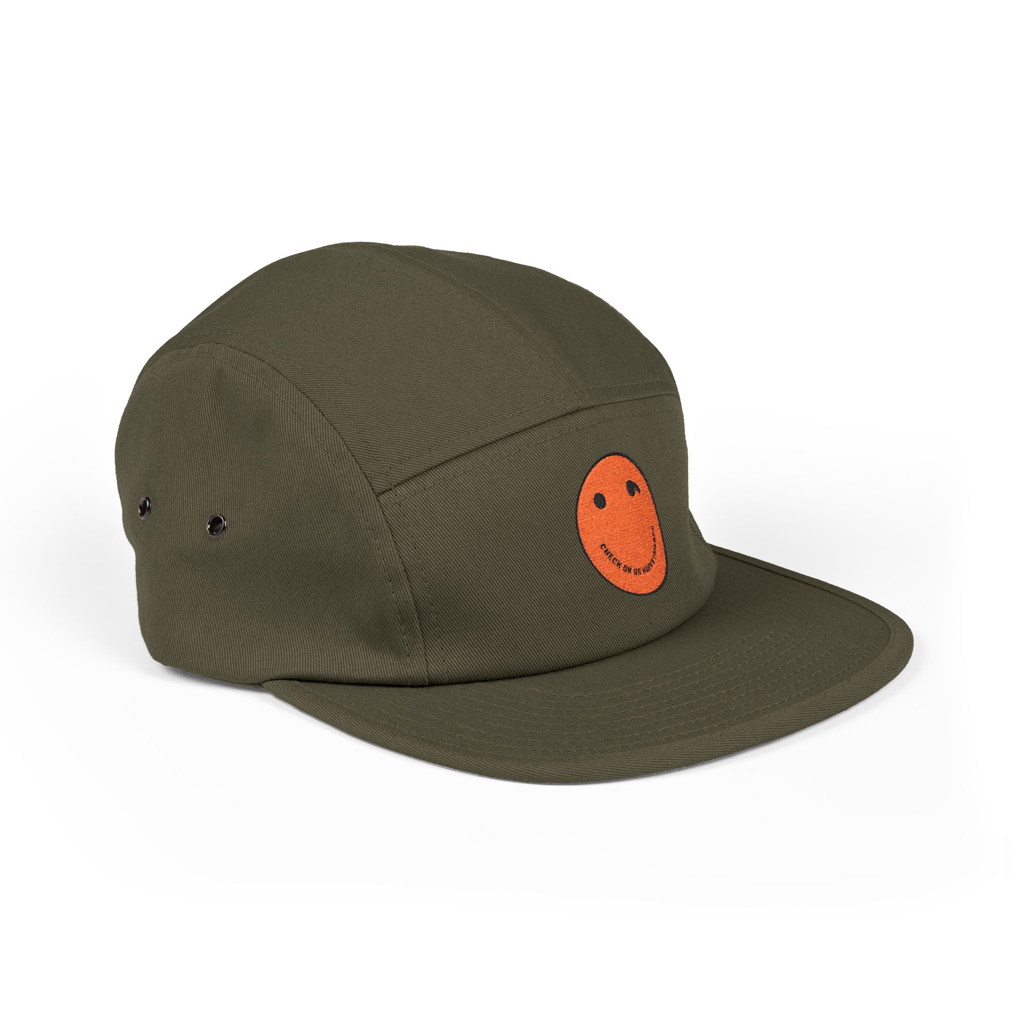 Olive 5-Panel Cap with Embroidered Orange Smiley — Casual Streetwear Dad Hat