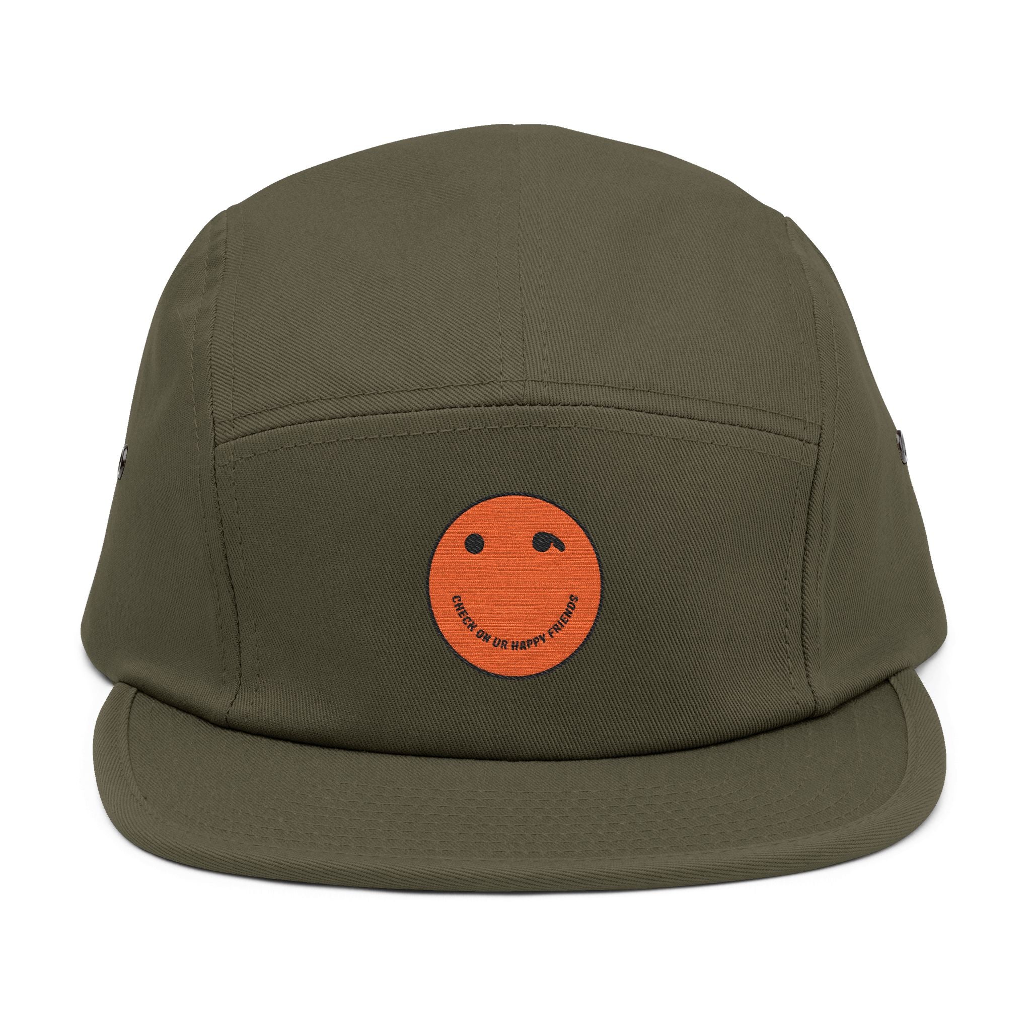 Olive 5-Panel Cap with Embroidered Orange Smiley — Casual Streetwear Dad Hat