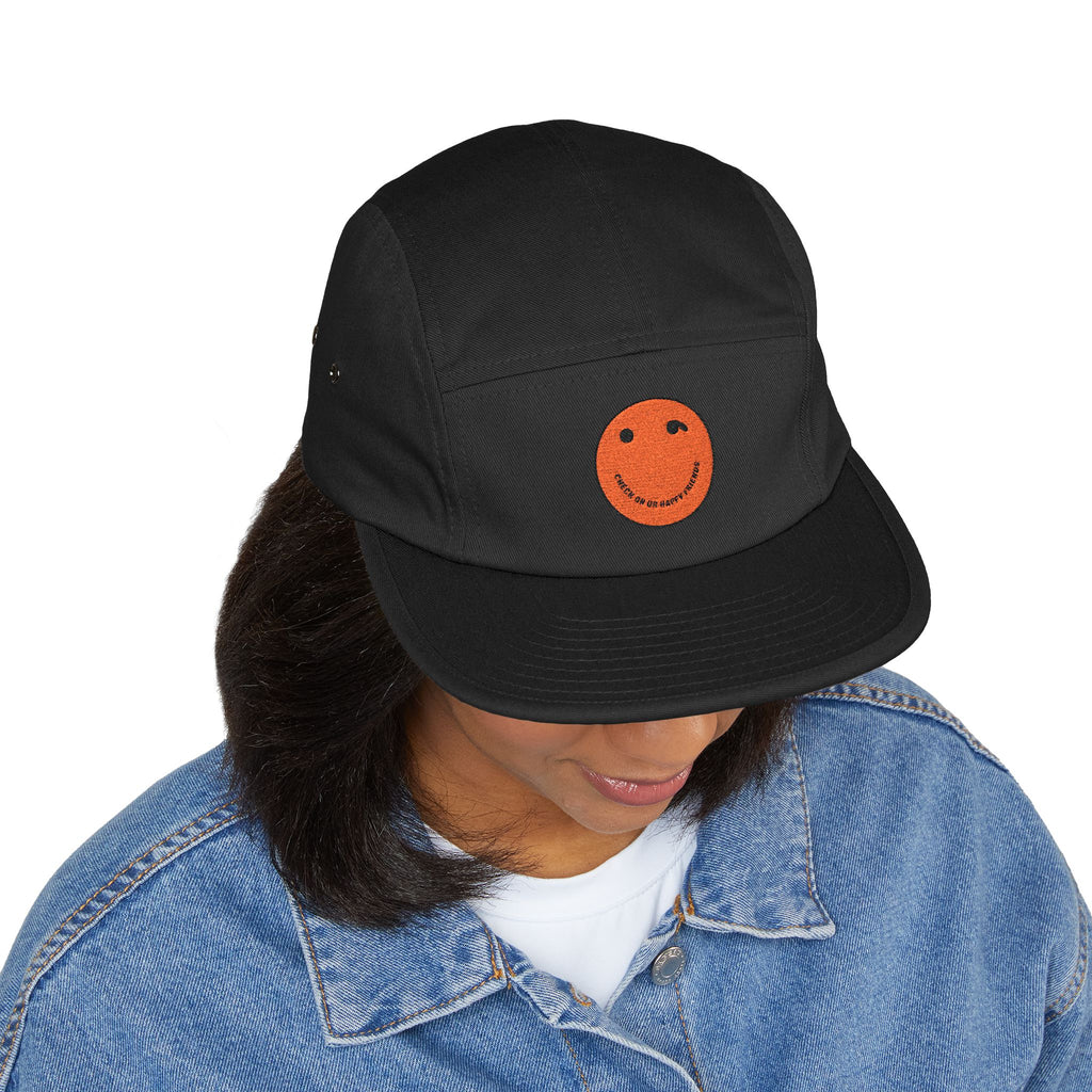 Olive 5-Panel Cap with Embroidered Orange Smiley — Casual Streetwear Dad Hat