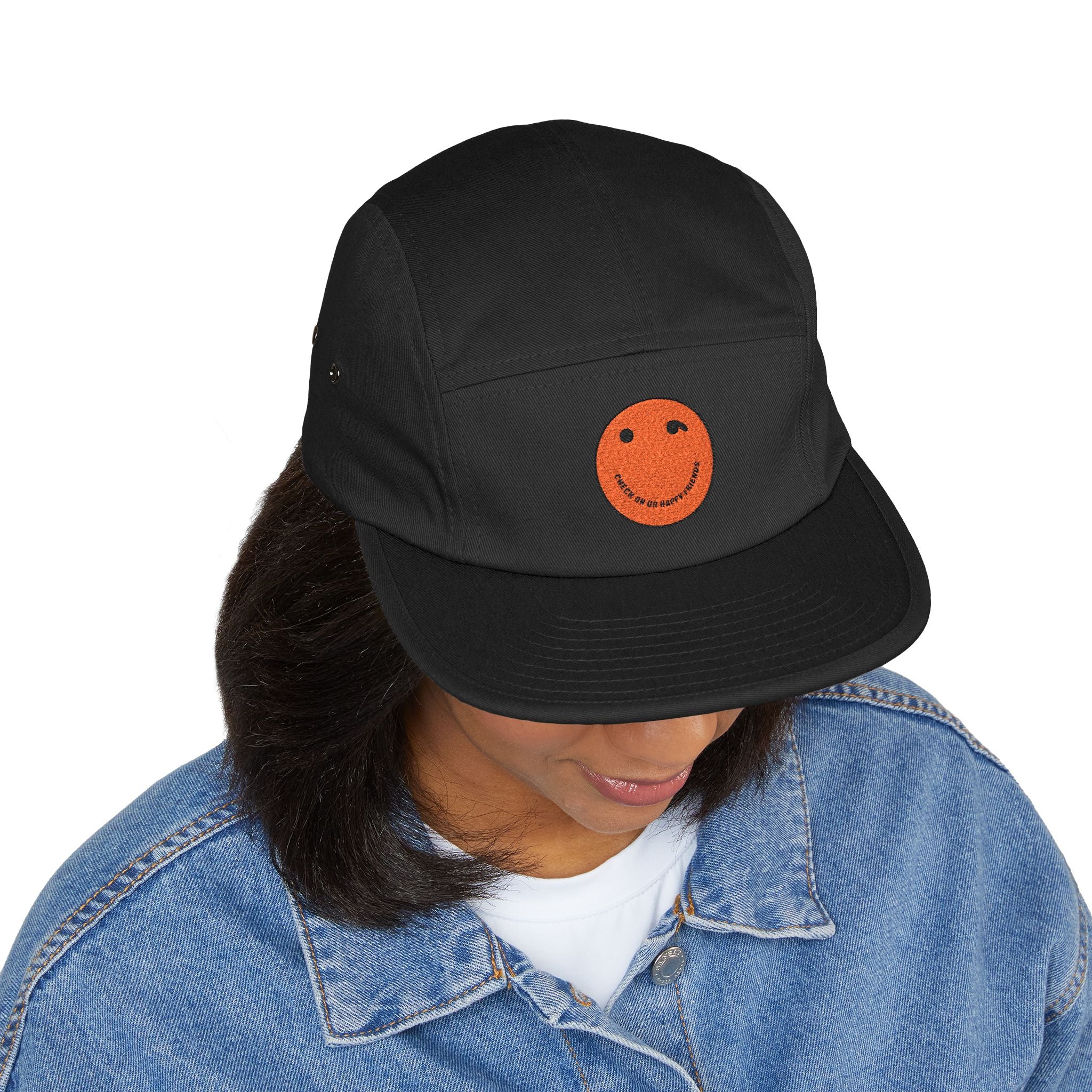 Olive 5-Panel Cap with Embroidered Orange Smiley — Casual Streetwear Dad Hat