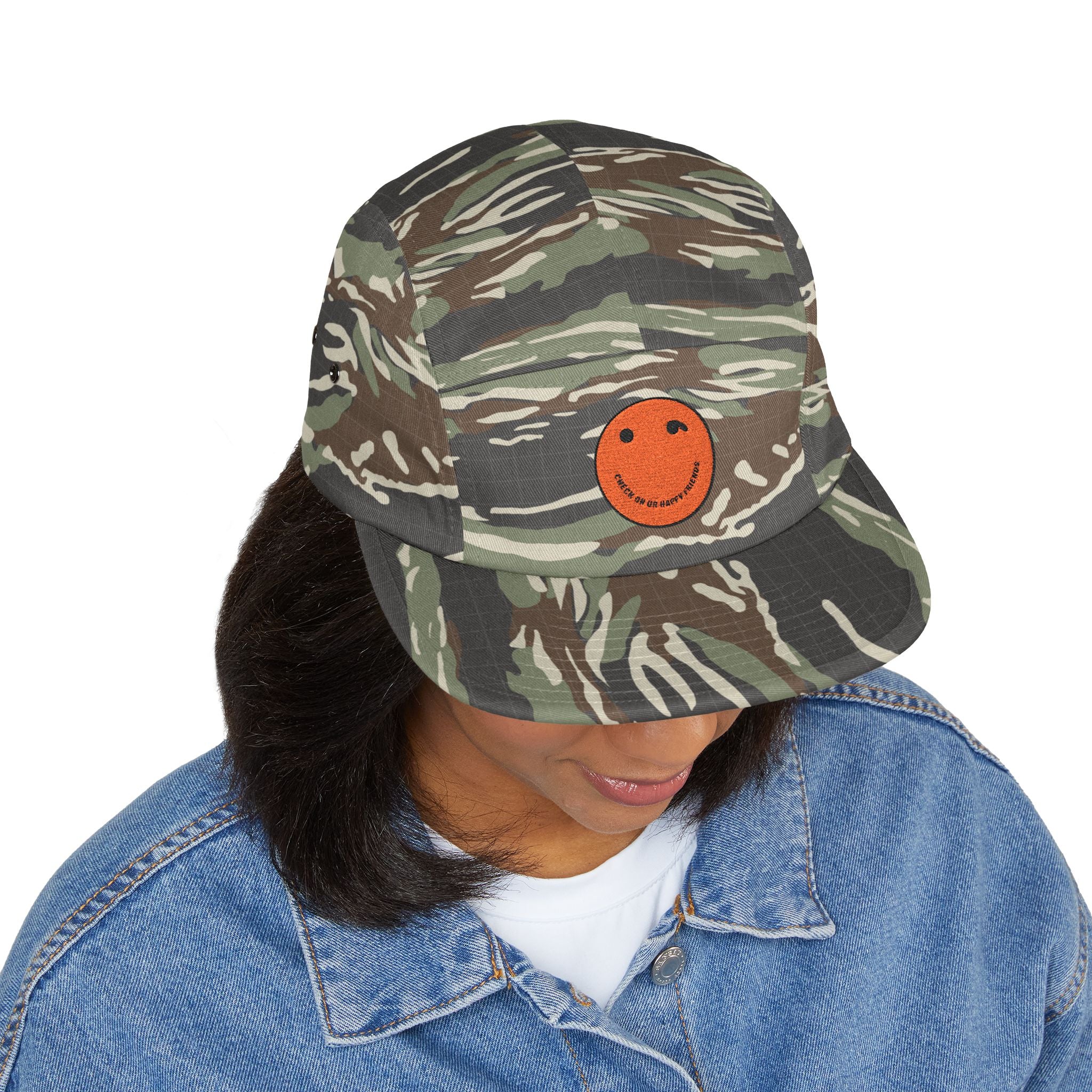Olive 5-Panel Cap with Embroidered Orange Smiley — Casual Streetwear Dad Hat